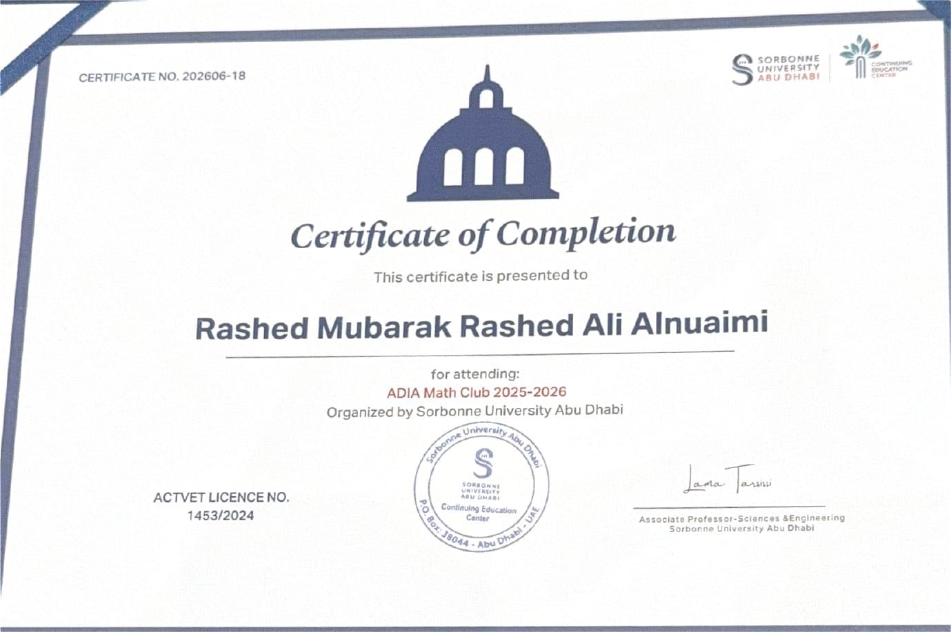 ADIA Math Club · Sorbonne University Abu Dhabi certificate